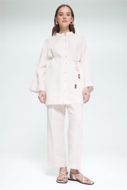 Linen Straight Fit Flexible Waisted Trousers