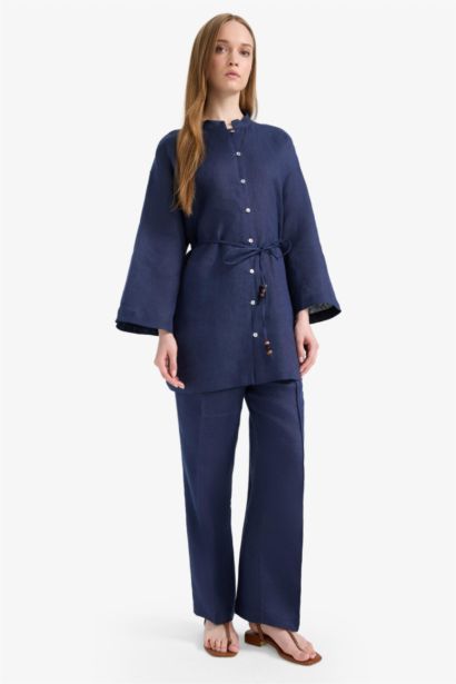 بنطلون كتان قصة مستقيمة بجيب وخصر مطاطي كحلي