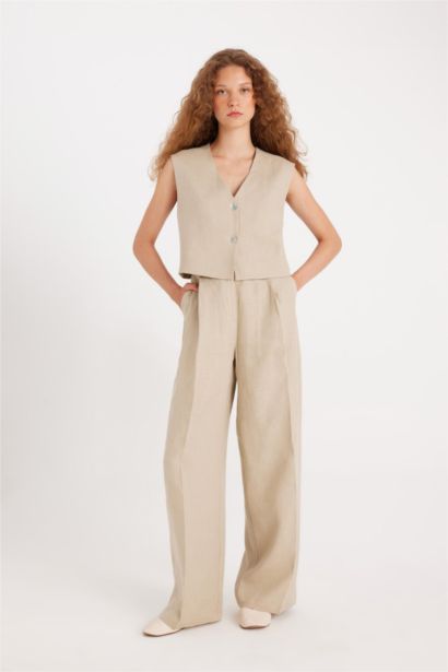 Manuka x DeFacto Straight Fit Basic Düz Keten Palazzo Pantolon