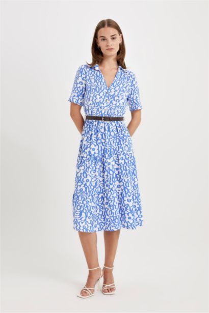 Shirt Collar Printed Short Sleeve Maxi Dress