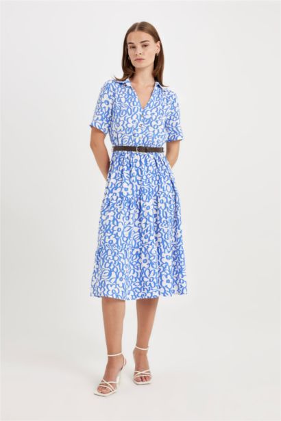 Shirt Collar Printed Short Sleeve Maxi Dress