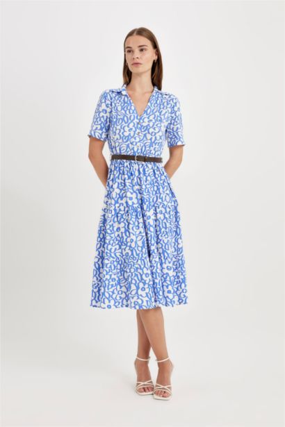 Shirt Collar Printed Short Sleeve Maxi Dress