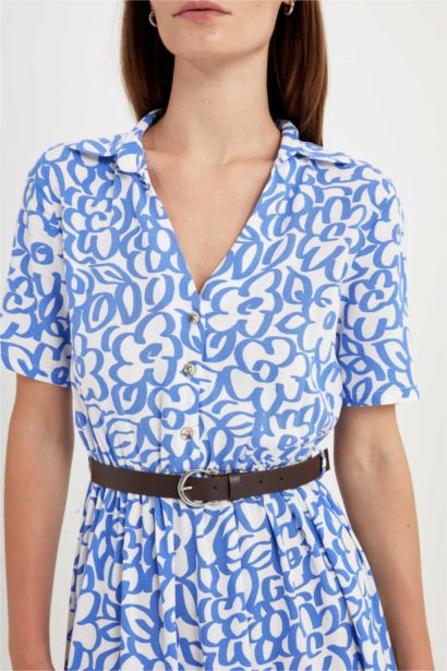 Shirt Collar Printed Short Sleeve Maxi Dress