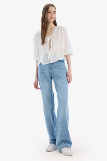 بلوزة ردن طويل قصة عادية بياقة V