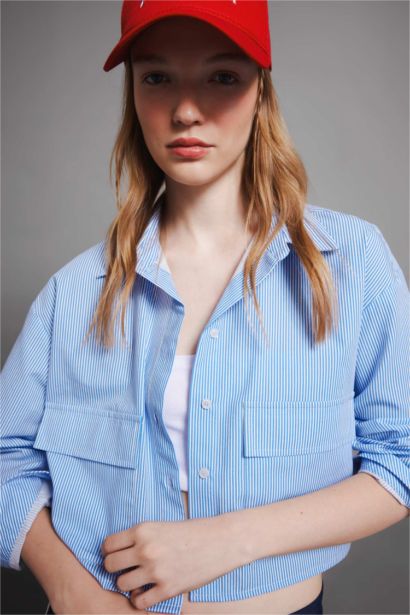 قميص مخطط بوبلين كم طويل واسع مطبوع