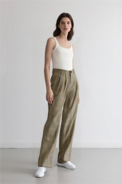 Wide Leg Checkered High Waist Standard Length Trousers