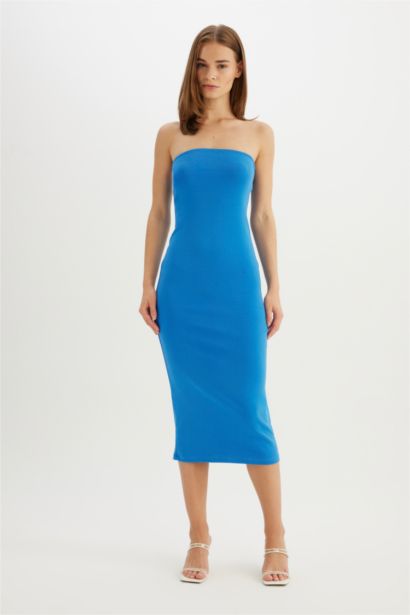 Bodycon Vücudu Saran Straplez Fitilli Kaşkorse Midi Abiye Elbise