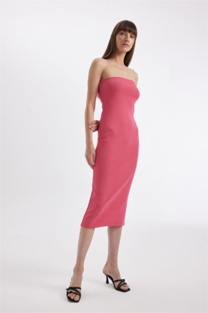 Bodycon Vücudu Saran Straplez Fitilli Kaşkorse Midi Abiye Elbise