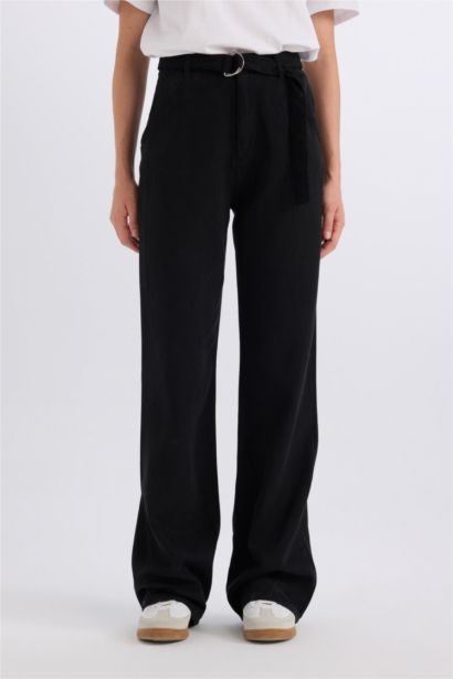 Wide Leg High Waist Basic Belted Modal Black Trousers