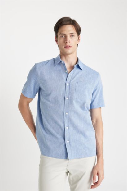 قميص بولو كتان ازرق نص كم قصة عادية