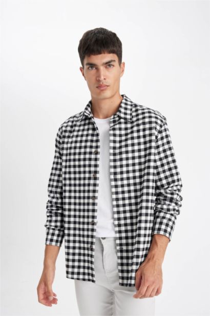 поло жаға чек фланель Ұзын жеңді көйлек