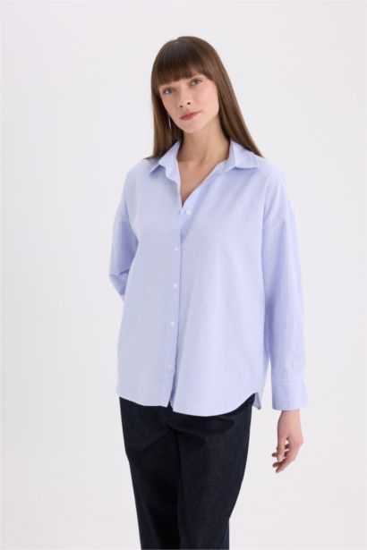 Oversize Shirt Collar Oxford Striped Long Sleeve Shirt