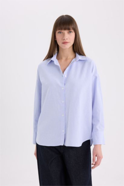 Oversize Shirt Collar Oxford Striped Long Sleeve Shirt