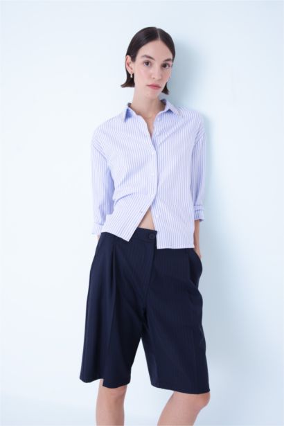 Oversize Shirt Collar Striped Buttoned Oxford Shirt