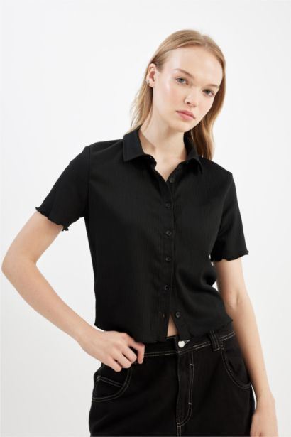 Chemise Slim à Manches Courtes Plissées