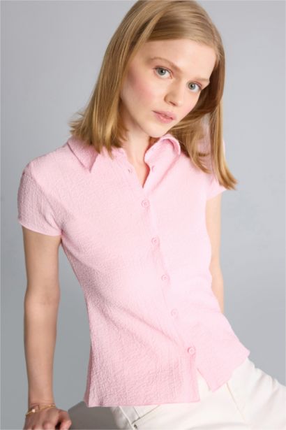 Fitted Kırışık Dokulu Kumaş Gömlek