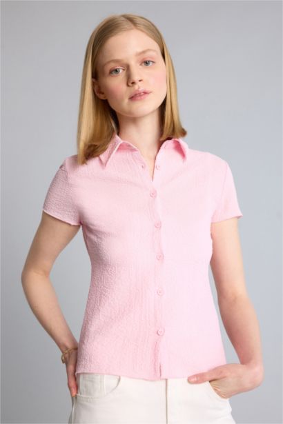 Fitted Kırışık Dokulu Kumaş Gömlek