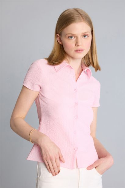 Fitted Kırışık Dokulu Kumaş Gömlek