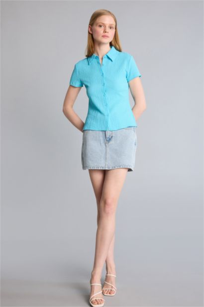 Fitted Kırışık Dokulu Kumaş Gömlek