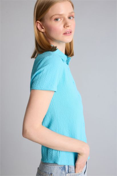 Fitted Kırışık Dokulu Kumaş Gömlek