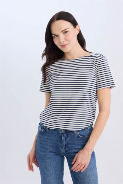 Regular Fit Boat Neck Striped Short Sleeve T-Shirt
