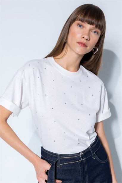 تيشيرت نص كم واسع ممشط برقبة مستديرة