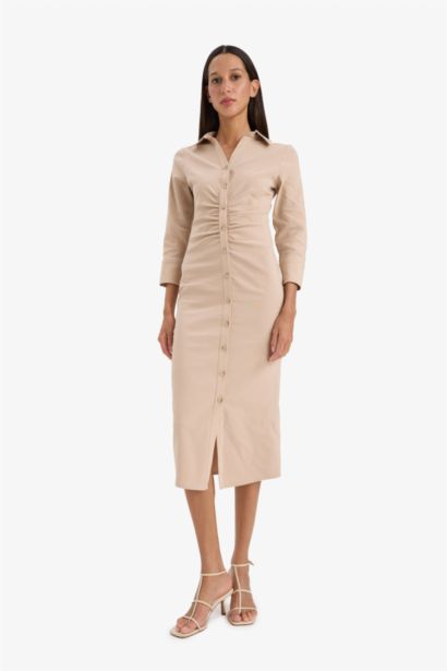 Shirt Collar Basic Pleated Half Sleeve Dress