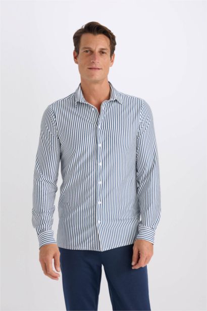 Slim Fit Polo Neck Striped Long Sleeve Shirt