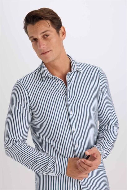 Slim Fit Polo Neck Striped Long Sleeve Shirt