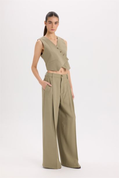 Wide Leg Piliseli Klasik Kumaş Pantolon Yüksek Bel Geniş Paça Basic Düz Tencel  Çift Cepli