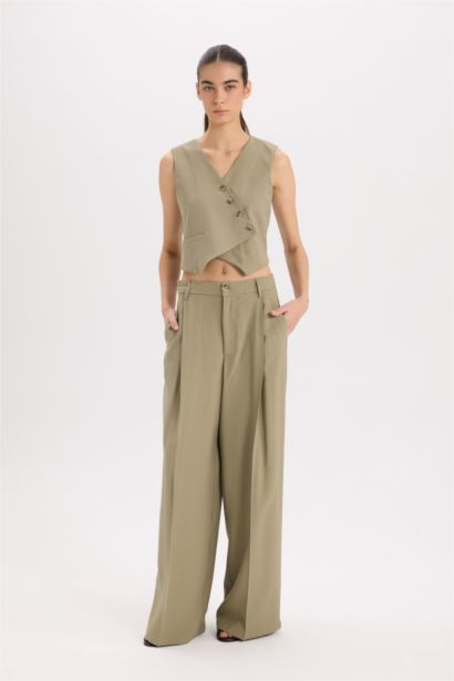 Wide Leg Piliseli Klasik Kumaş Pantolon Yüksek Bel Geniş Paça Basic Düz Tencel  Çift Cepli