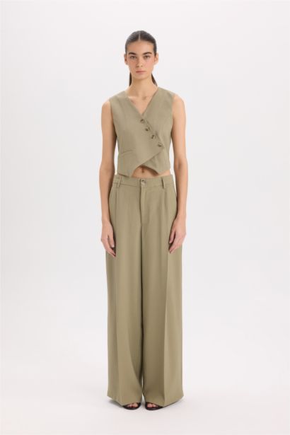 Wide Leg Piliseli Klasik Kumaş Pantolon Yüksek Bel Geniş Paça Basic Düz Tencel  Çift Cepli