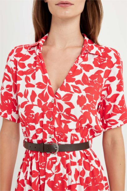 Gömlek Yaka Desenli Kısa Kollu Midi Elbise