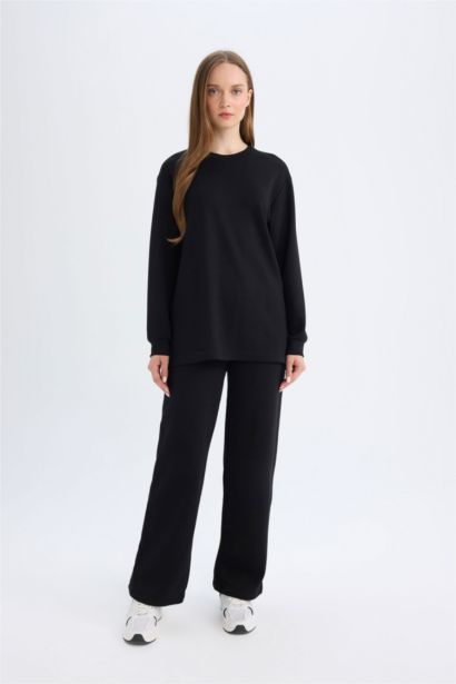 Black Regular Fit Crew Neck Basic Sweatshirt Tunic
