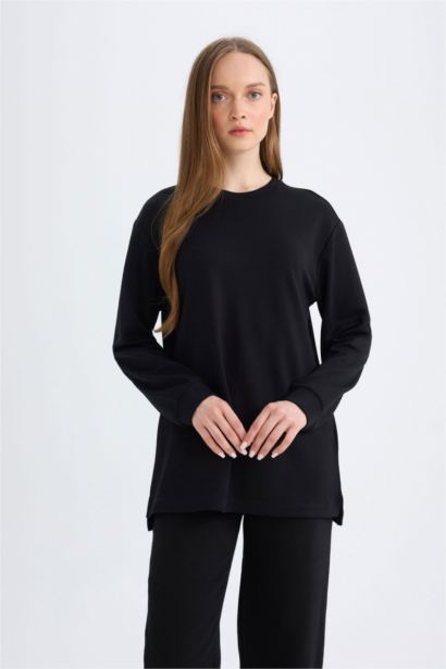 Black Regular Fit Crew Neck Basic Sweatshirt Tunic