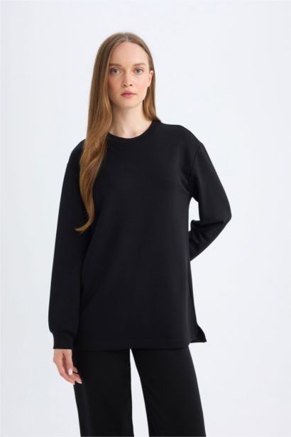 Black Regular Fit Crew Neck Basic Sweatshirt Tunic