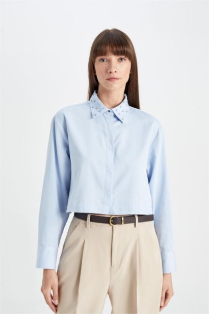 Crop Basic Düz Düğmeli Dokuma Uzun Kollu Gömlek