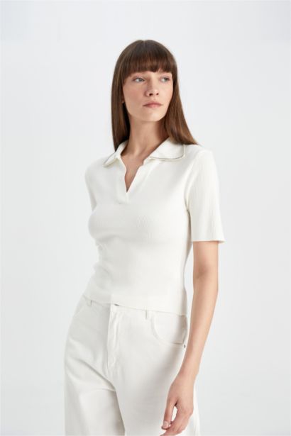 بلوفر تريكو نص كم بياقة بولو مضلع سليم فيت