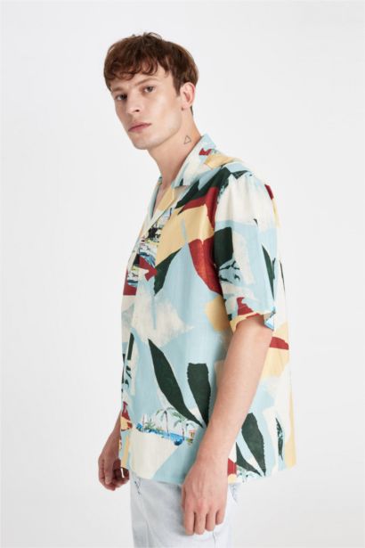 قميص نص كم قطن مطبوع قصة مريحة بياقة عالية