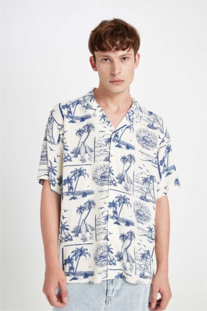 Relax Fit Apache Neck Viscose Hawaii Short Sleeve Shirt