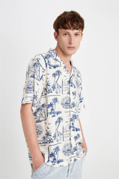 Relax Fit Apache Neck Viscose Hawaii Short Sleeve Shirt
