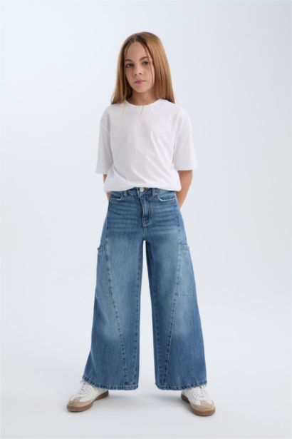 Wide Leg Kargo Cepli Geniş Bol Paça Jean Pantolon Kız Çocuk