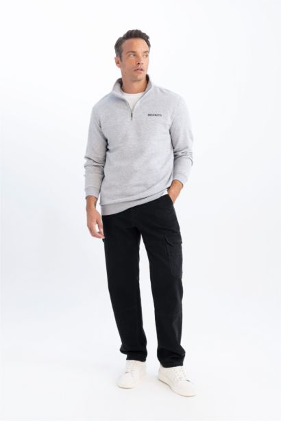 Relax Fit Dik Yaka Fermuarlı Baskılı Kalın Sweatshirt