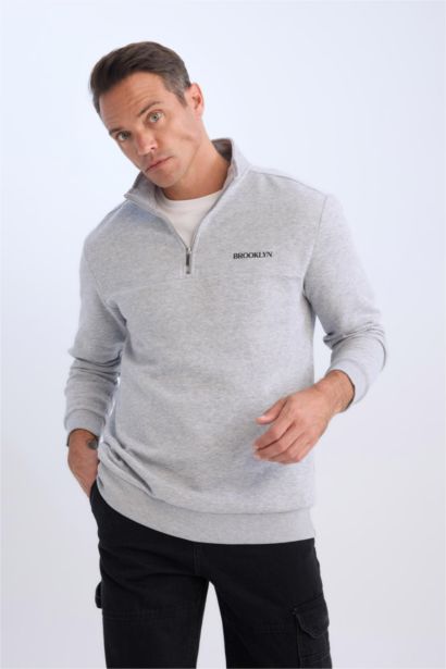 Relax Fit Dik Yaka Fermuarlı Baskılı Kalın Sweatshirt