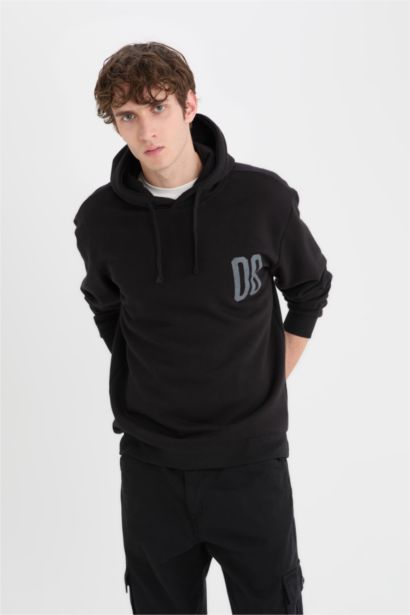 Relax Fit Hooded Printed Thick Sweatshirt