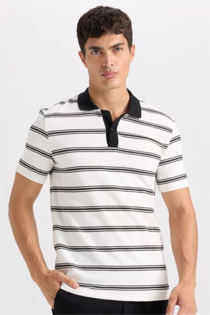 Slim Fit Dar Kesim Polo Yaka Çizgili Kısa Kollu Tişört