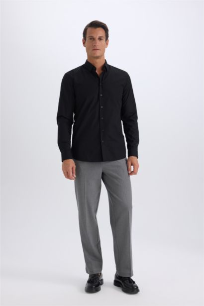 قميص كم طويل بوبلين سليم فيت بياقة بولو