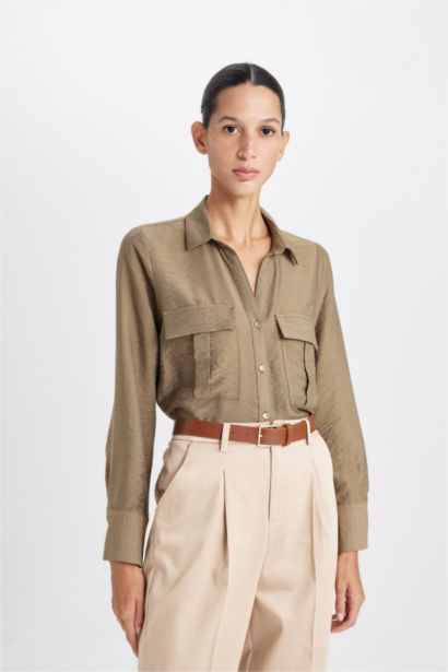 Oversize Basic Double Pocket Long Sleeve Viscose Shirt