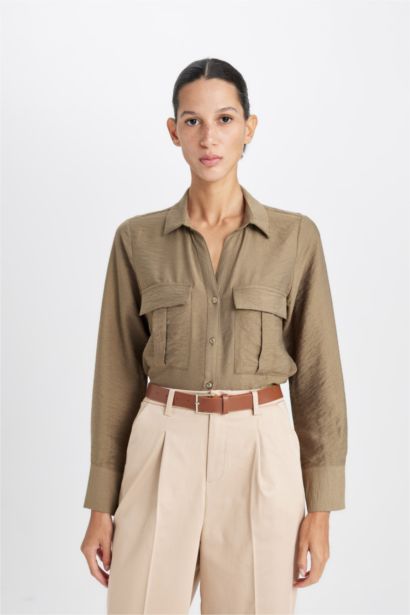 Oversize Basic Double Pocket Long Sleeve Viscose Shirt