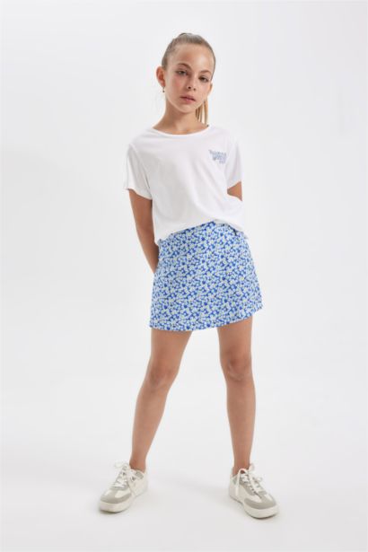 Ensemble : T-Shirt à Manches Courtes et Jupe-Short en Viscose à Fleurs pour Fille
